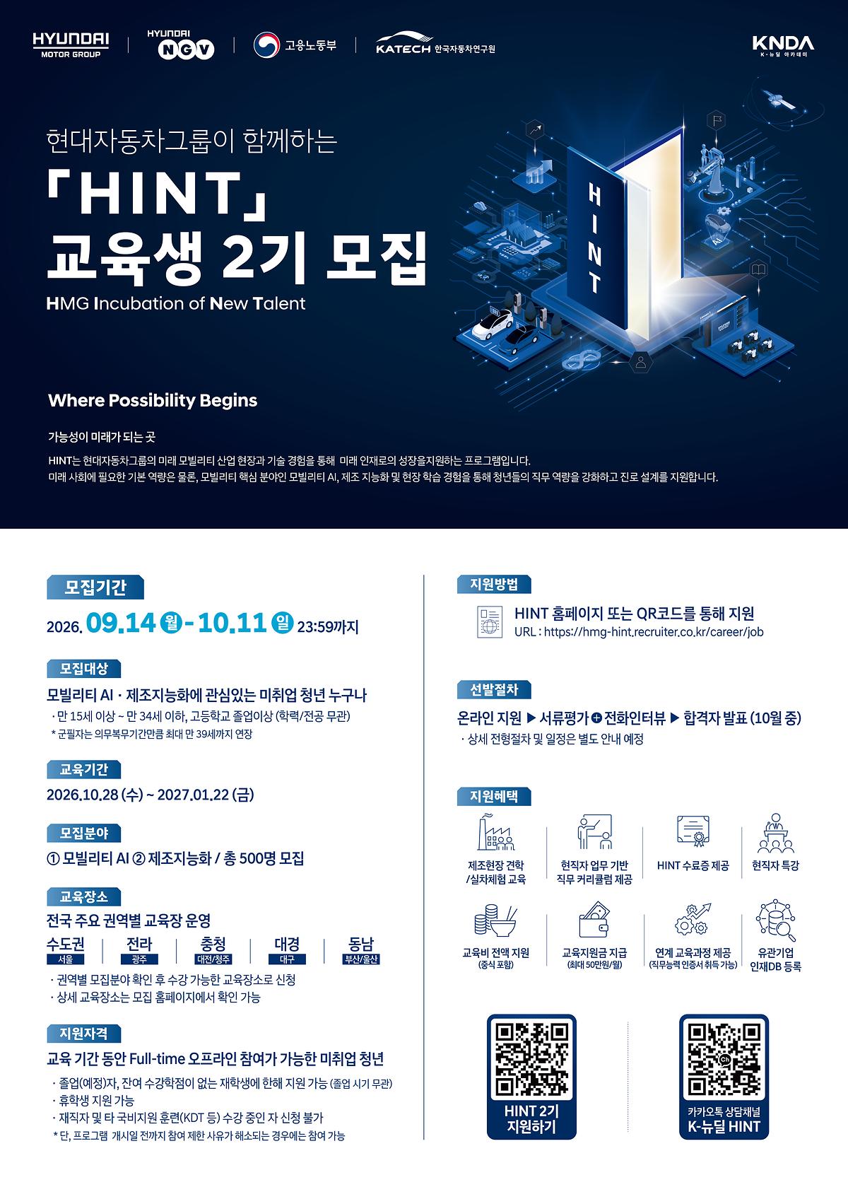 [한국생산성본부]현대자동차그룹 K-뉴딜 아카데미 'HINT' 청년 참가자 모집 안내(연장) 사진